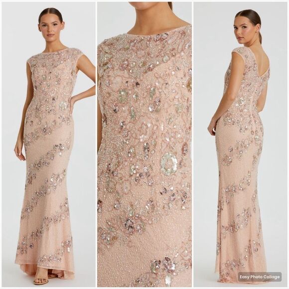 NWT MAC DUGGAL Embellished Bateau Neck Cap Sleeve Gown Blush 2 - Picture 1 of 14